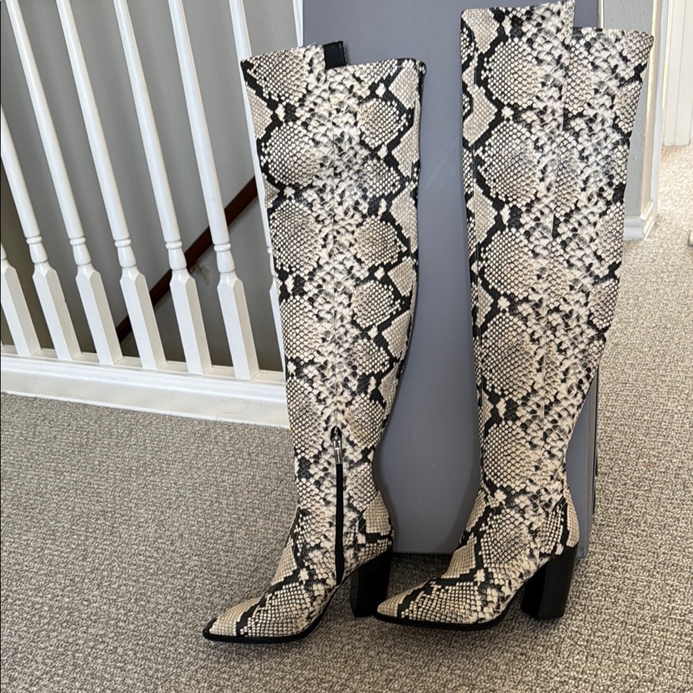New Vince Camuto Cream Black Snake Print Over the Knee High Boots Heels Shoes 6
